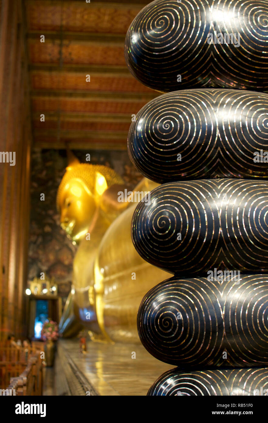 Close up picture picture of the huge feet of the reclining Buddha at the Wat Pho in Bangkok, Thailand Stock Photo