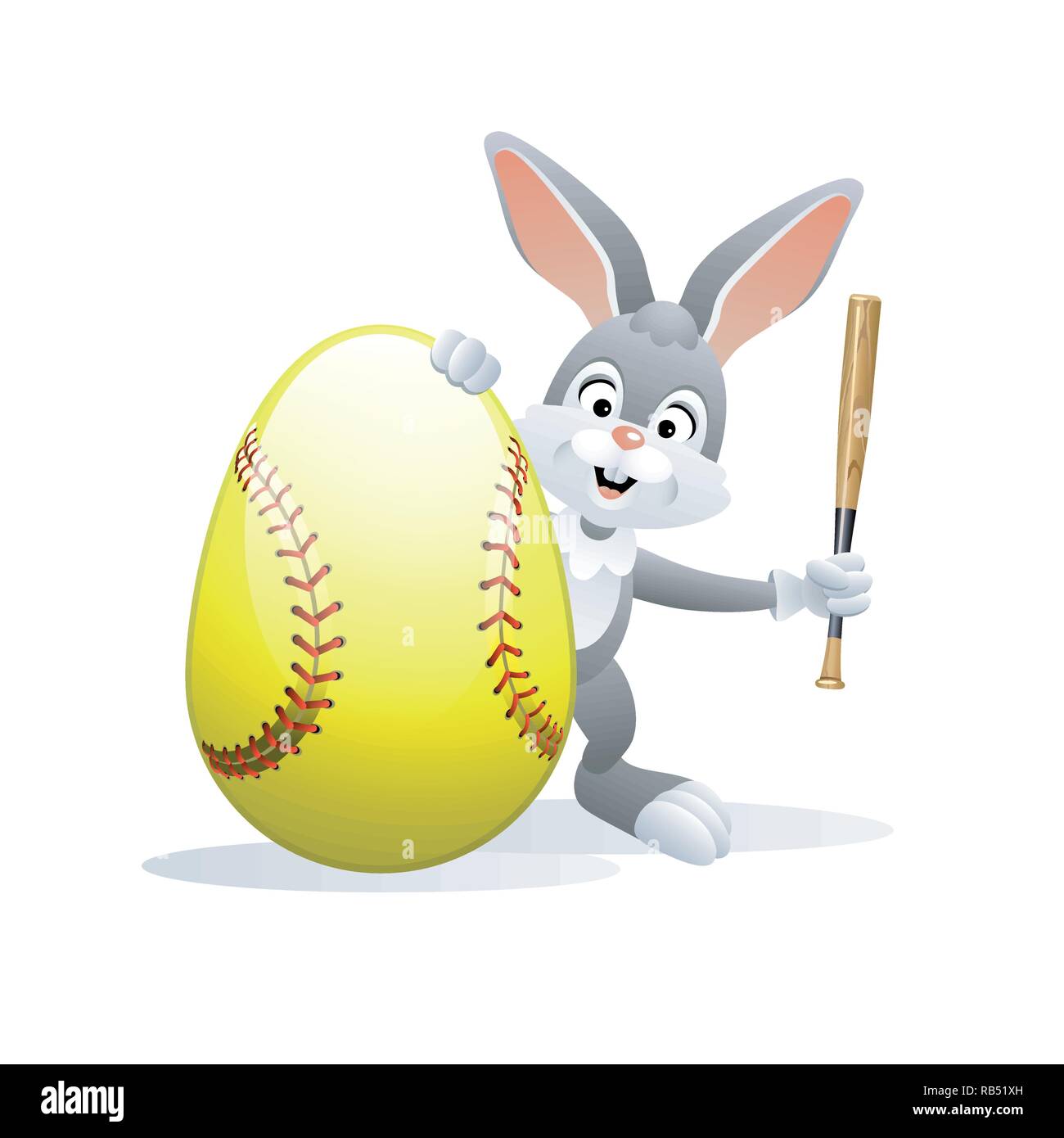 Easter sports greeting card. Cute Rabbit with Softball Egg and bat. Vector illustration. Stock Vector