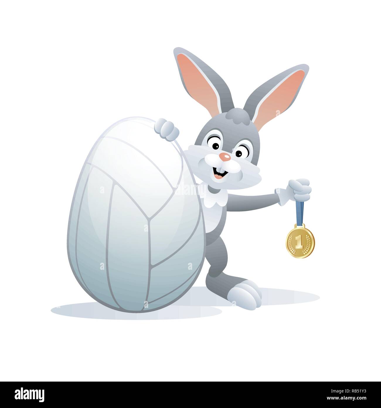 Easter sports greeting card. Cute Rabbit with Volleyball Egg and Gold medal. Vector illustration. Stock Vector