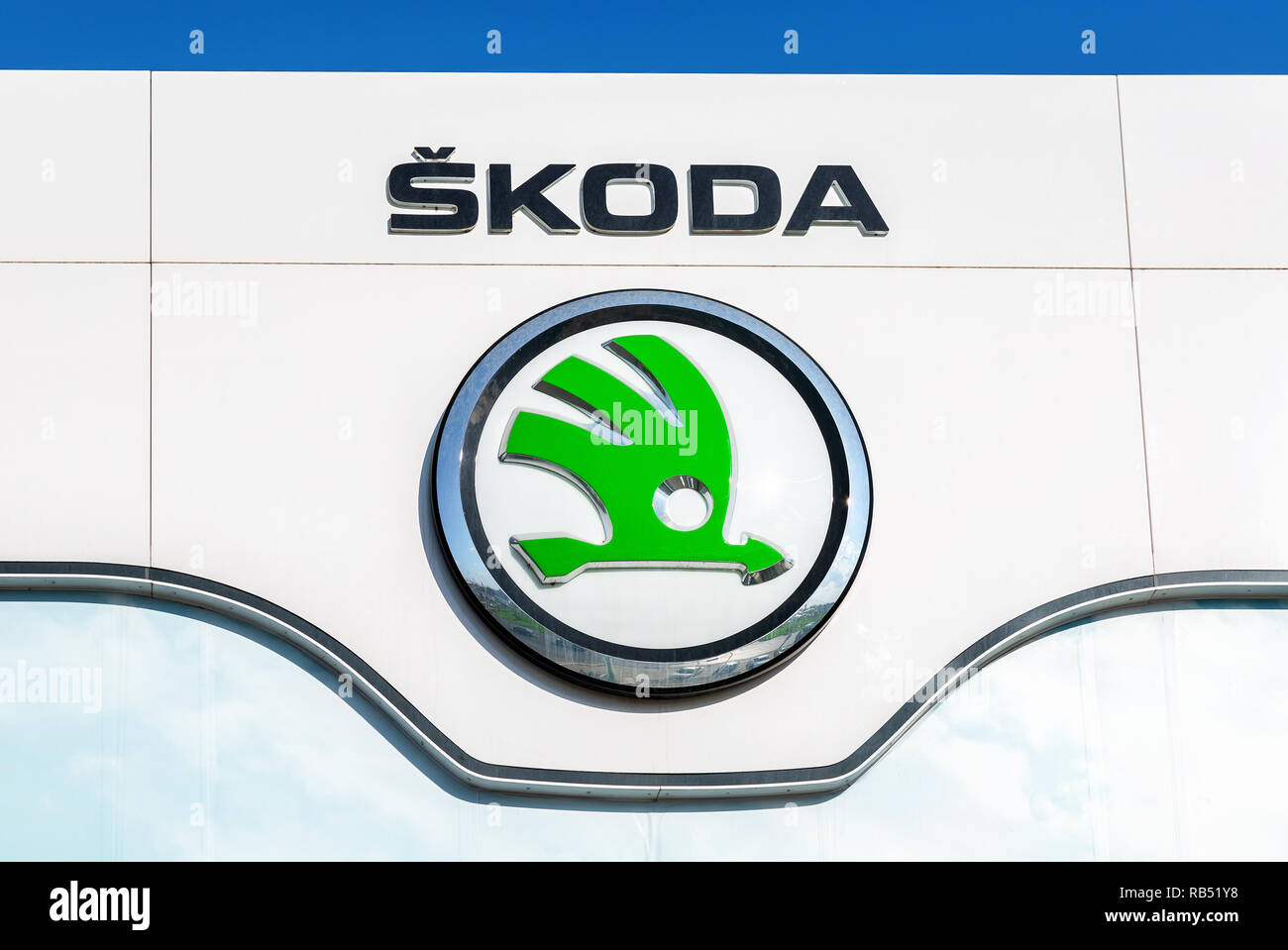 Samara, Russia - May 19, 2018: Dealership sign Skoda. Skoda Auto is an automobile manufacturer based in the Czech Republic Stock Photo
