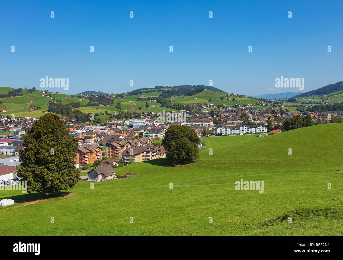 Buildings of the town of Appenzell in Switzerland. The town of Appenzell is the capital of the Swiss canton of Appenzell Innerrhoden. Stock Photo