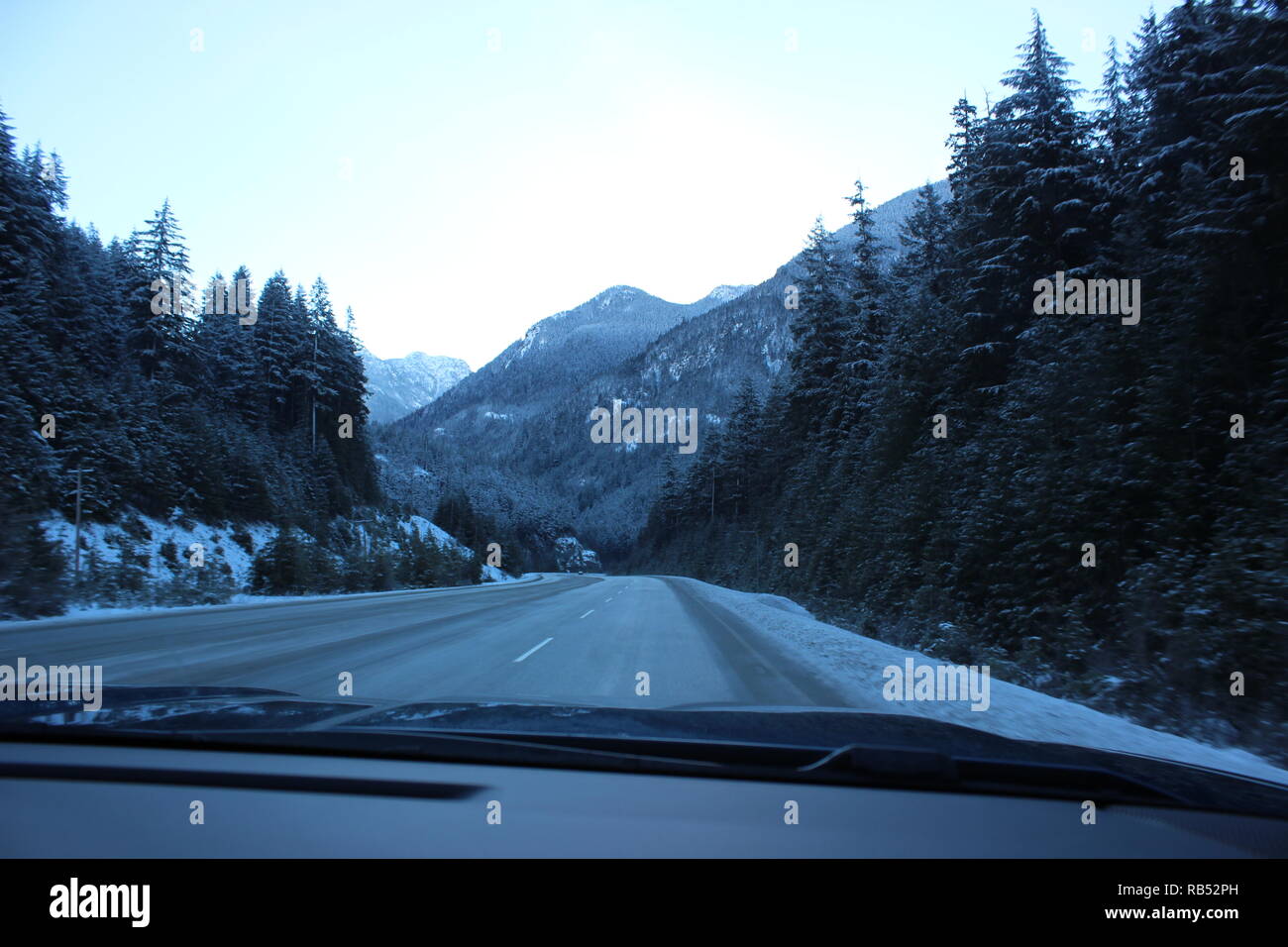 Winter Driving Through the Mountains Stock Photo