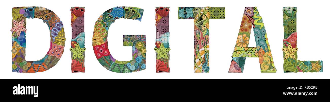 Hand-painted art design. Illustration word DIGITAL painted in warm