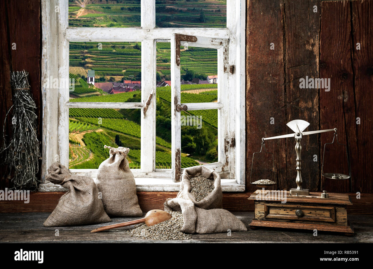 Bauernstube, Blick durch das Fenster Stock Photo