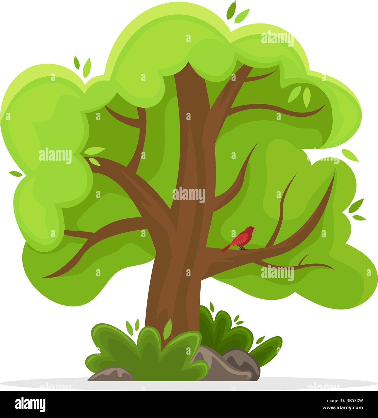 Spring tree with a bird on a branch. Isolated image. Sunny day. Flat ...