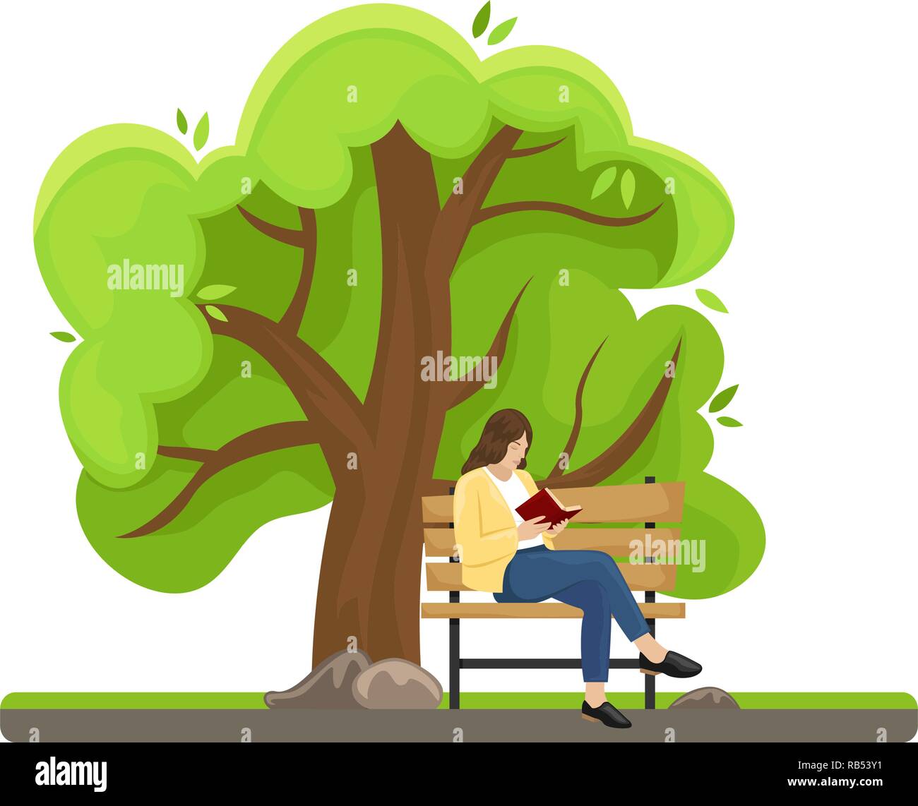 Spring tree. Girl reading a book on a bench. Isolated image. Sunny day