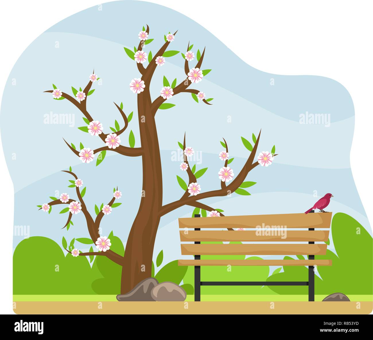 Spring landscape. Alley in the Park with a bench and a lantern. Flowering tree. Sunny day. Flat cartoon style. Stock Vector