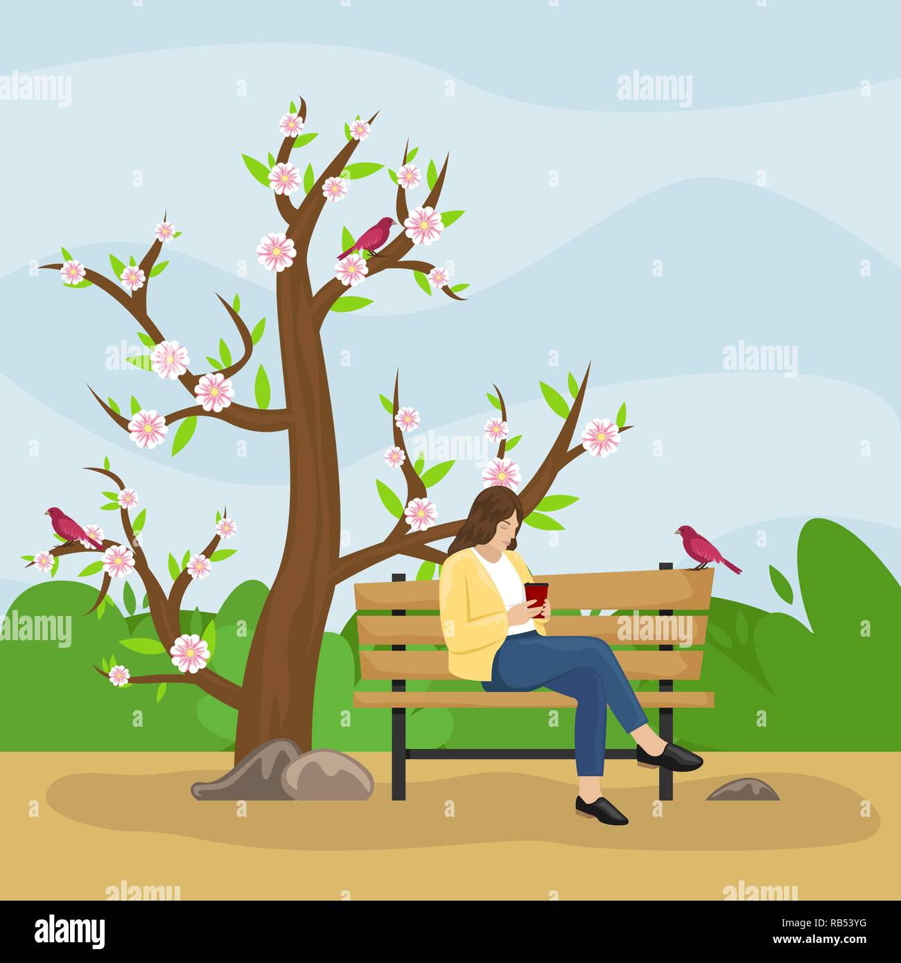 Spring landscape. Alley in the Park with a bench and a lantern. Girl drinking coffee. Flowering tree. Sunny day. Flat cartoon style. Stock Vector