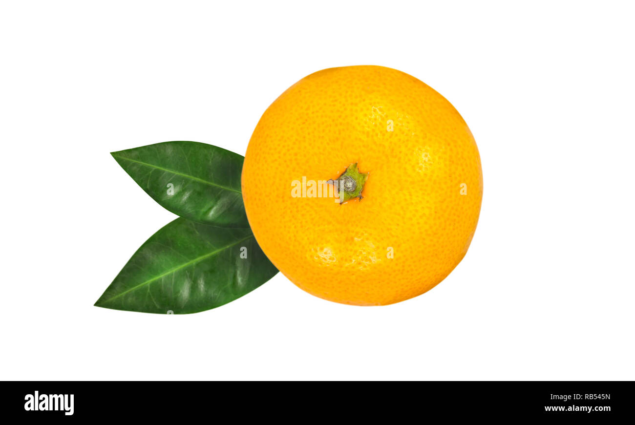 Tangerine or clementine with green leaf isolated on white background