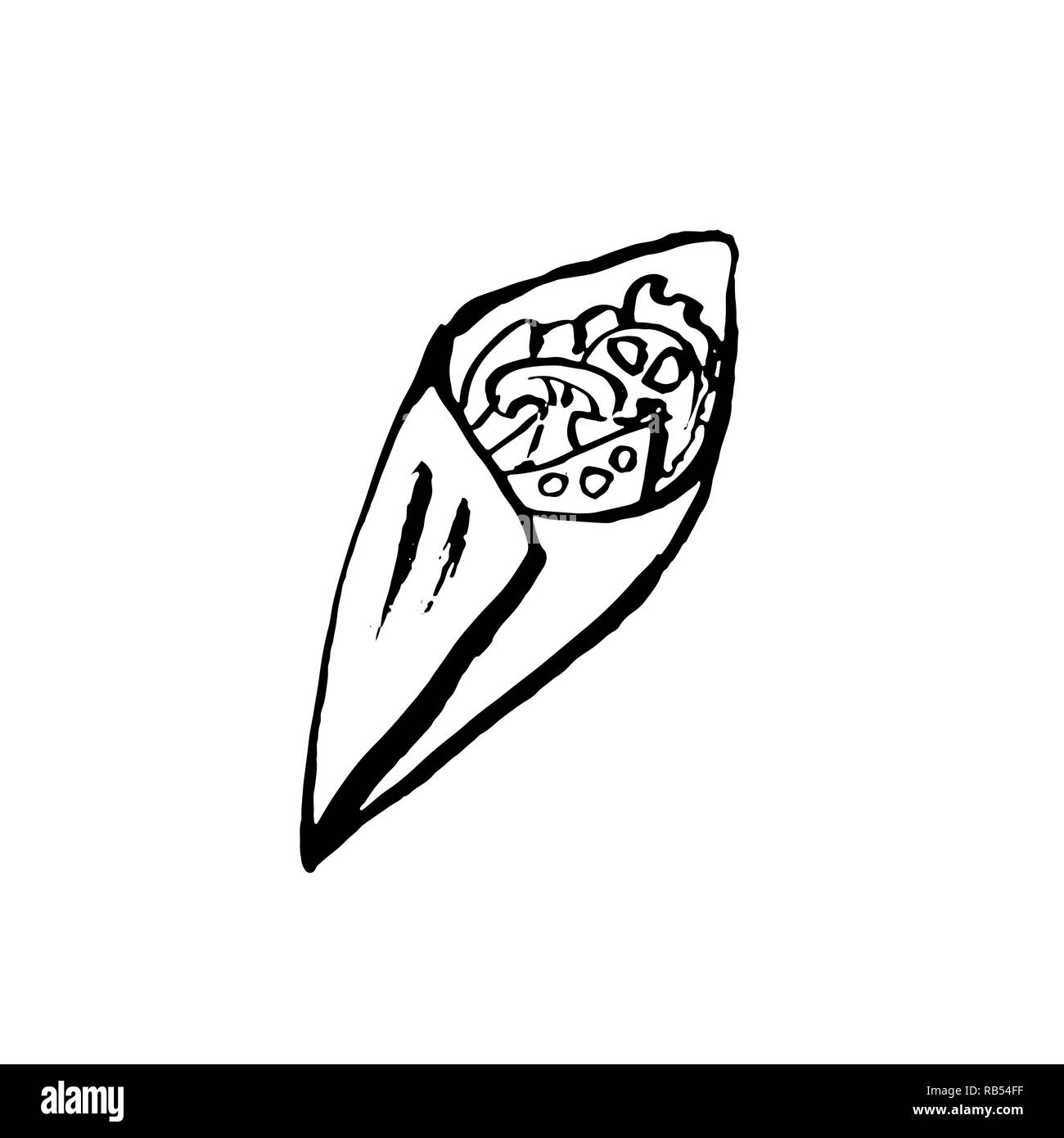 Vector mushrooms and vegetables roll. Fast food meal. Doner kebab ink illustration Stock Vector