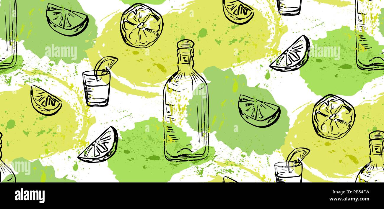 Seamless Pattern Of Hand Drawn Bottle Glass Slices Of Lemon And Letters Mexican Background With Tequila And Lemon Vector Illustration Stock Vector Image Art Alamy