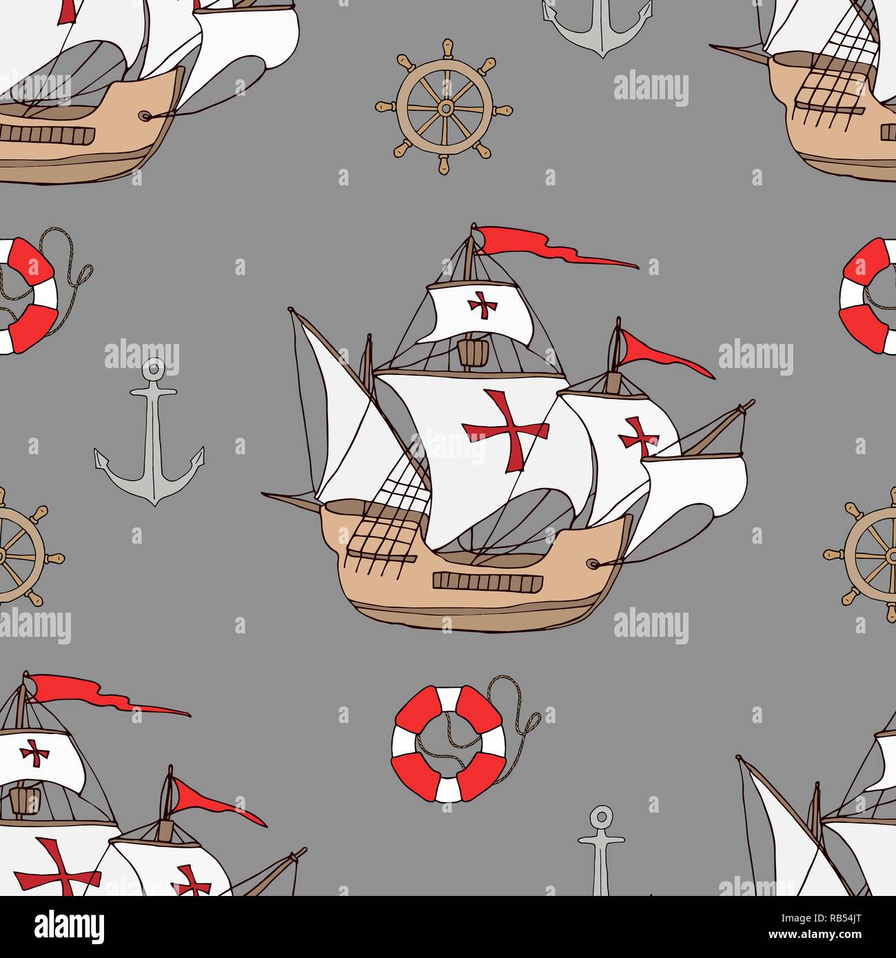 Seamless pattern maritime theme. The ship and other elements are painted by hand. Vector illustration. Stock Vector