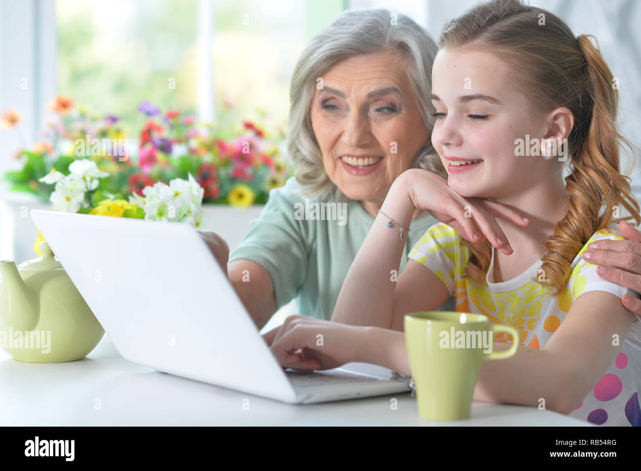 Portrait of girl with grandmother using laptop Stock Photo - Alamy
