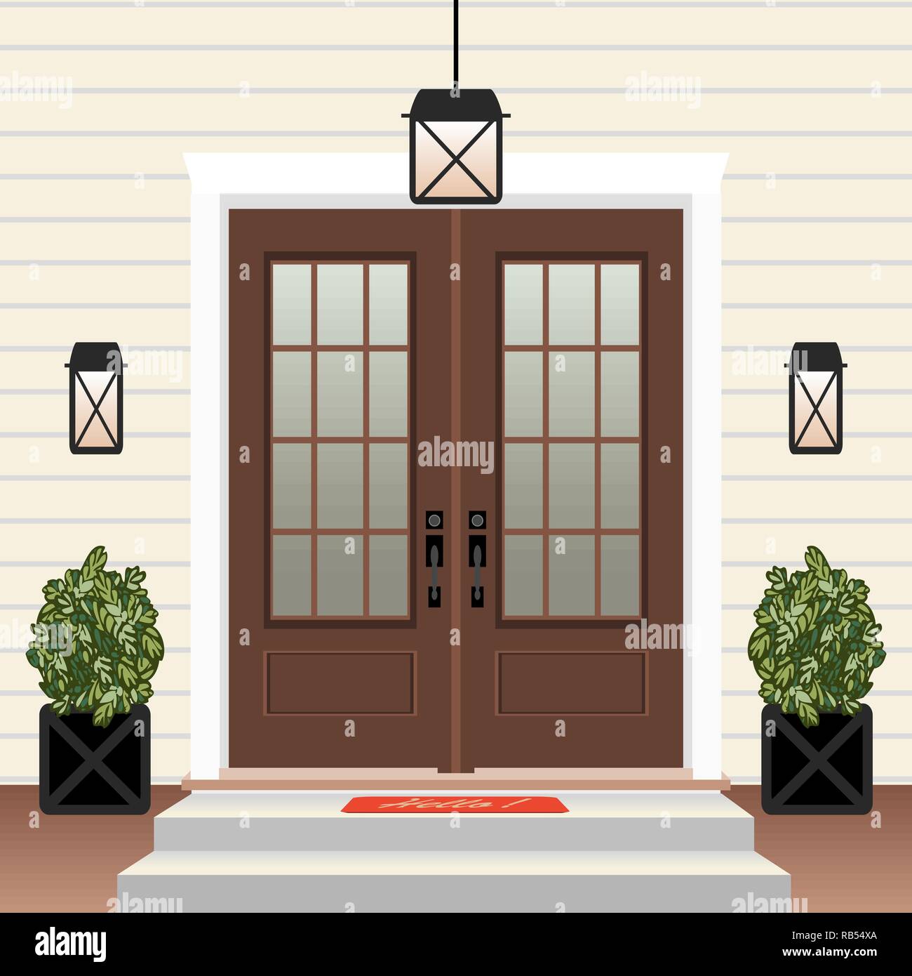 House door front with doorstep and steps porch, window, lamp, flowers in  pot, building entry facade, exterior entrance design illustration vector  flat style Stock Vector