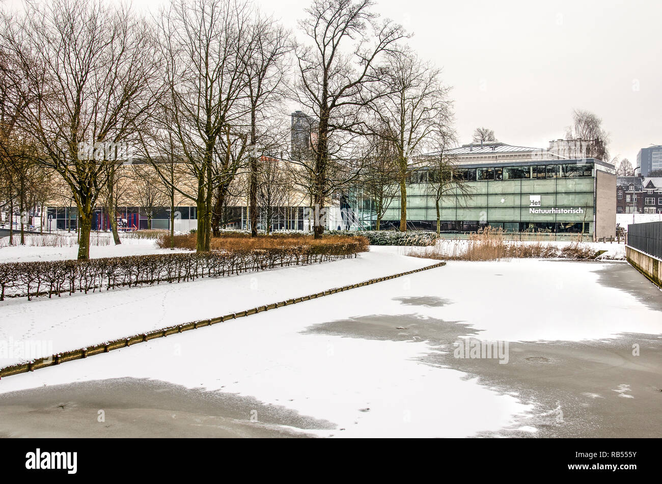 Rotterdam, The Netherlands, March 3, 2018: winter scene in a snow-covered Museumpark with Kunsthal and Natural History Museum Stock Photo