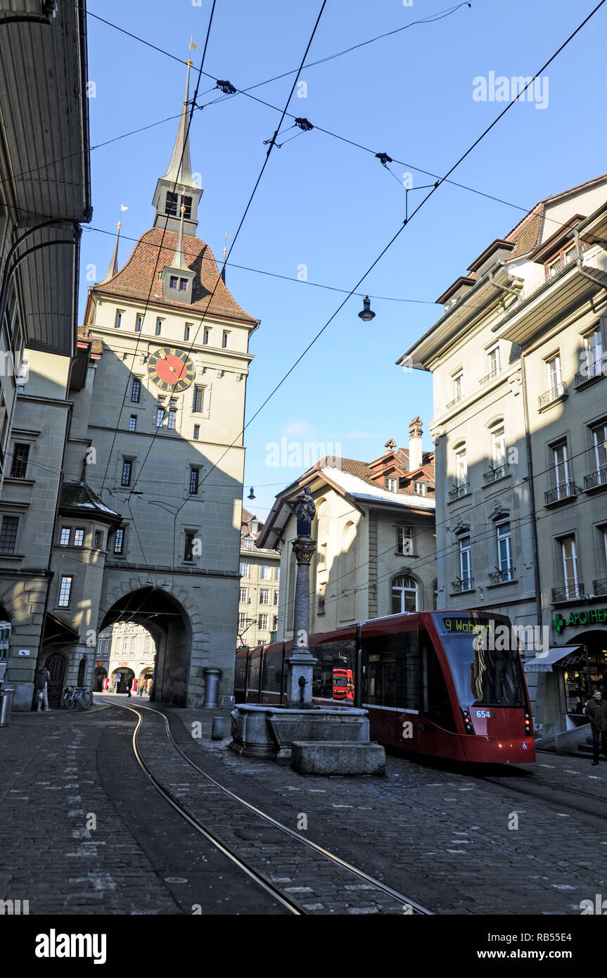 The medieval  Käfigturm Tower on the corner of Marktgrasse and Barenplatz, (Beer Place) in the Old Town of Bern Switzerland  It  is located in the Alt Stock Photo