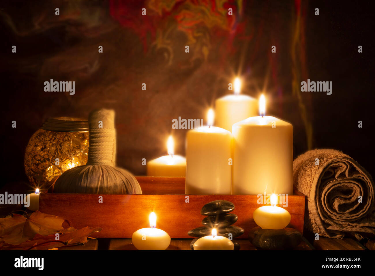 burning candles in wellness spa Stock Photo