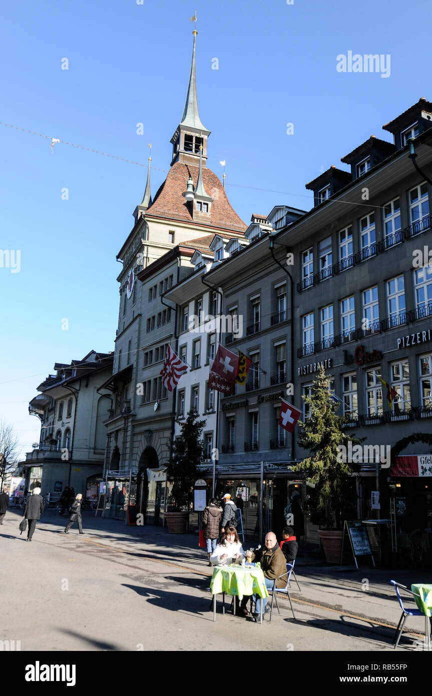 Barenplatz, (Beer Place) in the Old Town of Bern Switzerland. Further along the square is the old Käfigturm Tower that was once a prison. Stock Photo
