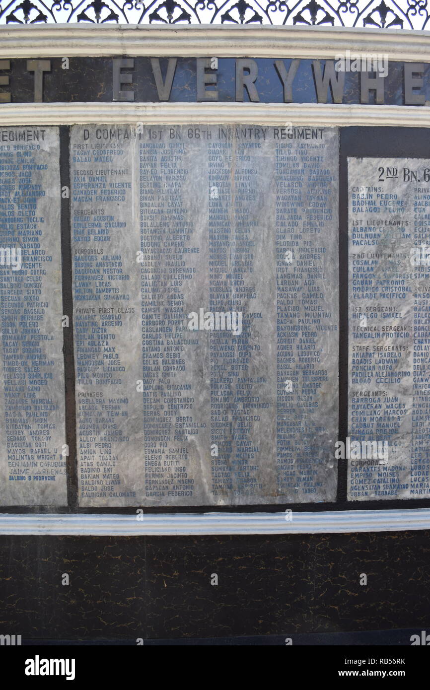 Detail of the inscription on the Veterans Memorial of the 66th Infantry, United States Armed Forces in the Philippines, North Luzon (USA-FIP. NL) Stock Photo