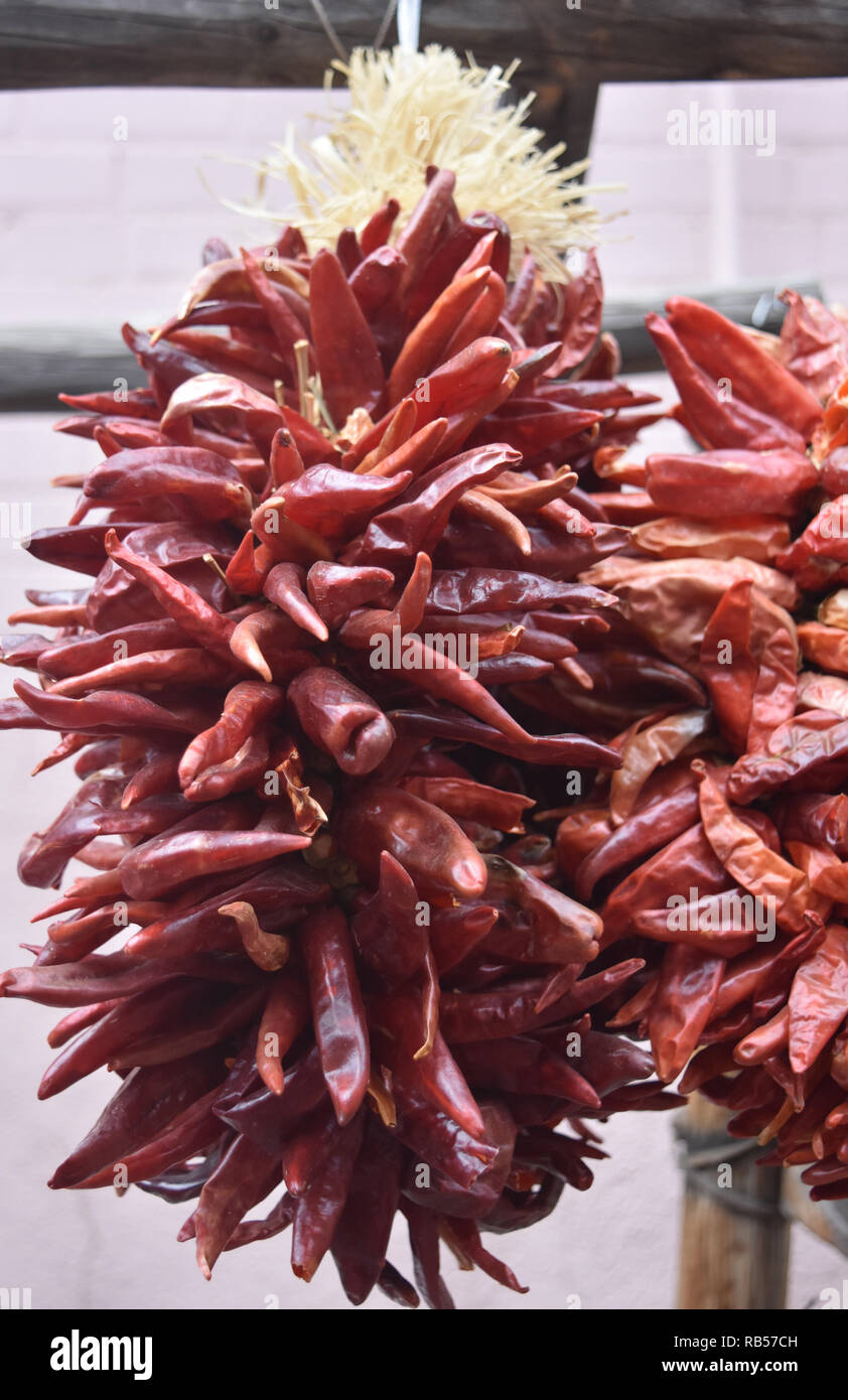 Large cluster of hanging red chili peppers in New Mexico Stock Photo ...
