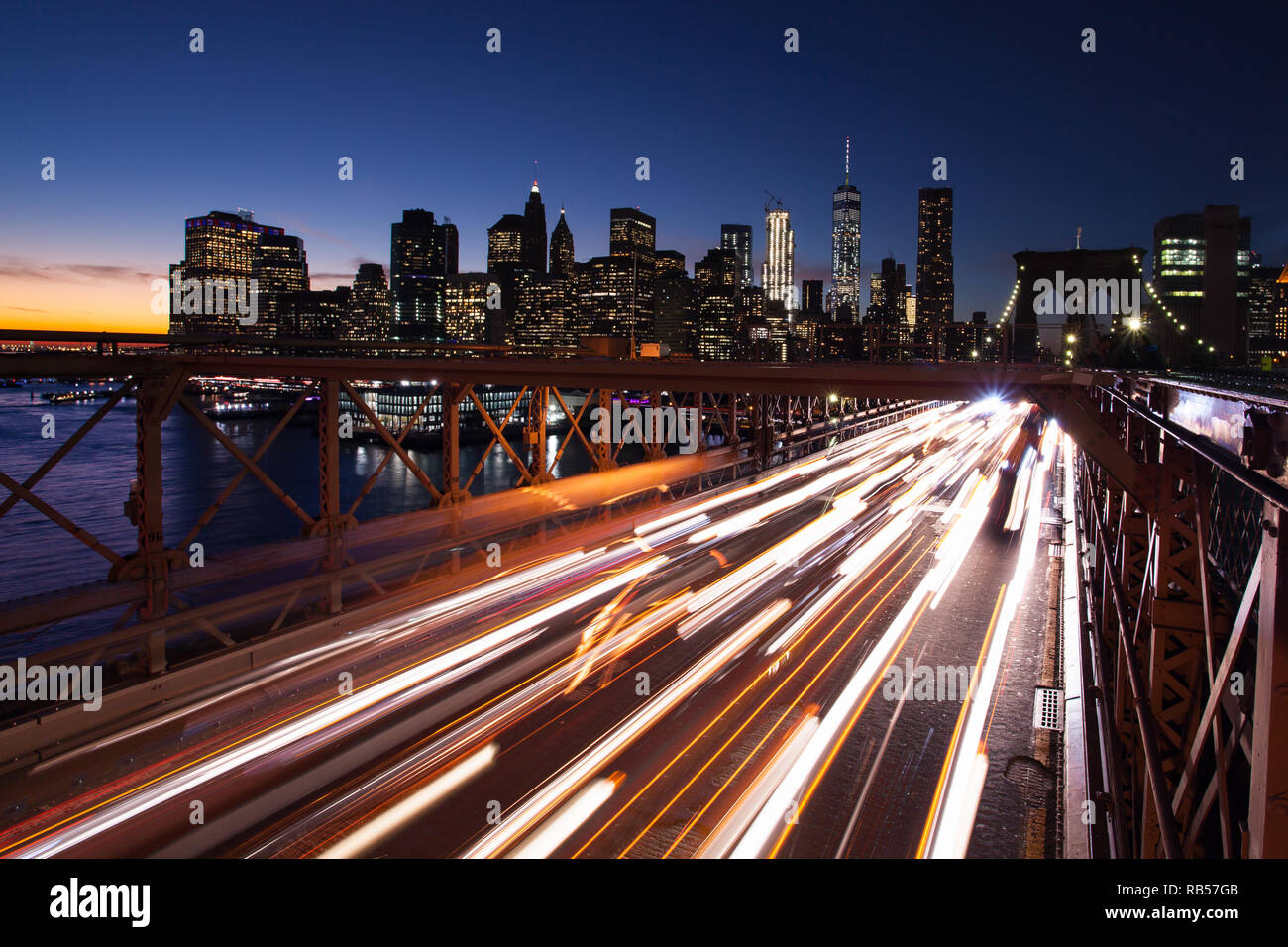 Busy traffic in New York City, Manhattan, Brooklyn Bridge Stock Photo