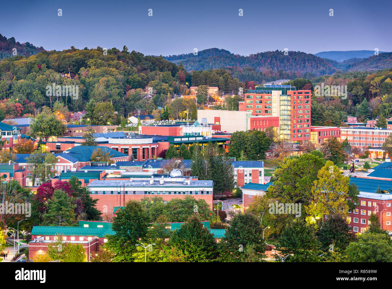 Boone, North Carolina, USA campus and town skyline at twilight. Stock Photo
