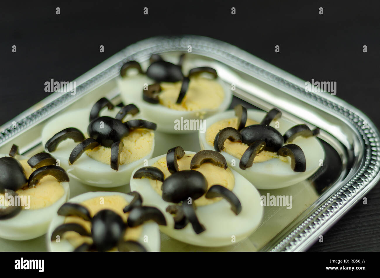 Funny Snack With Olive Spiders On Egg Halves For Halloween Party Creative Food Application Scary Stock Photo Alamy