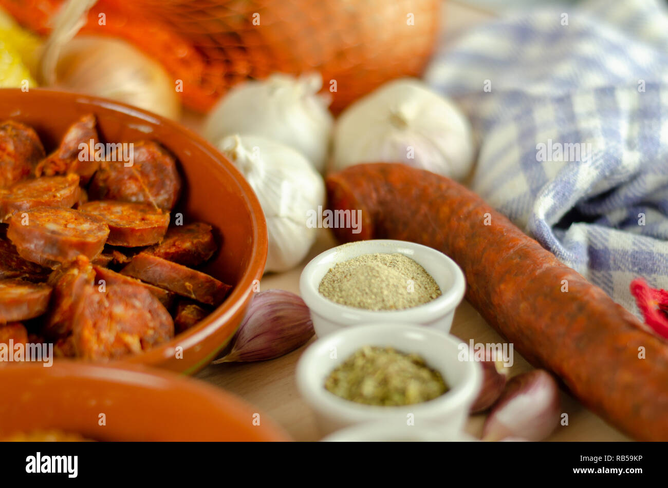 prepared fresh ingredients for cooking goulash with chorizo sausage