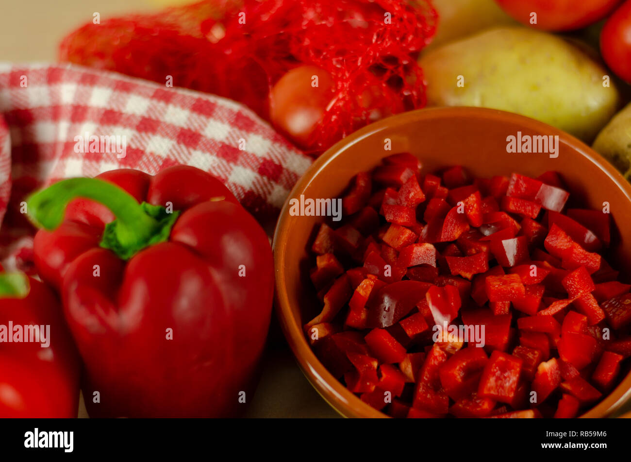 prepared fresh ingredients for cooking goulash with chorizo sausage