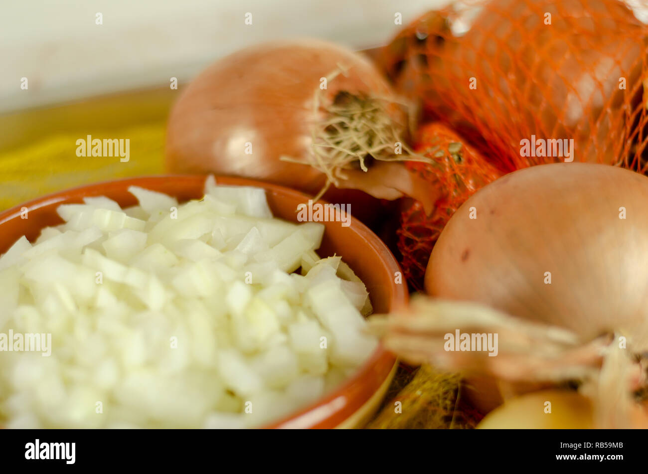 prepared fresh ingredients for cooking goulash with chorizo sausage
