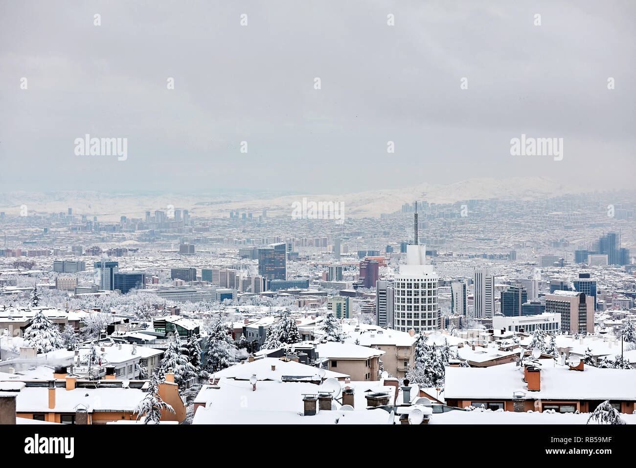 Panoramic view of Ankara the capital city of Turkey covered with snow in winter. Stock Photo