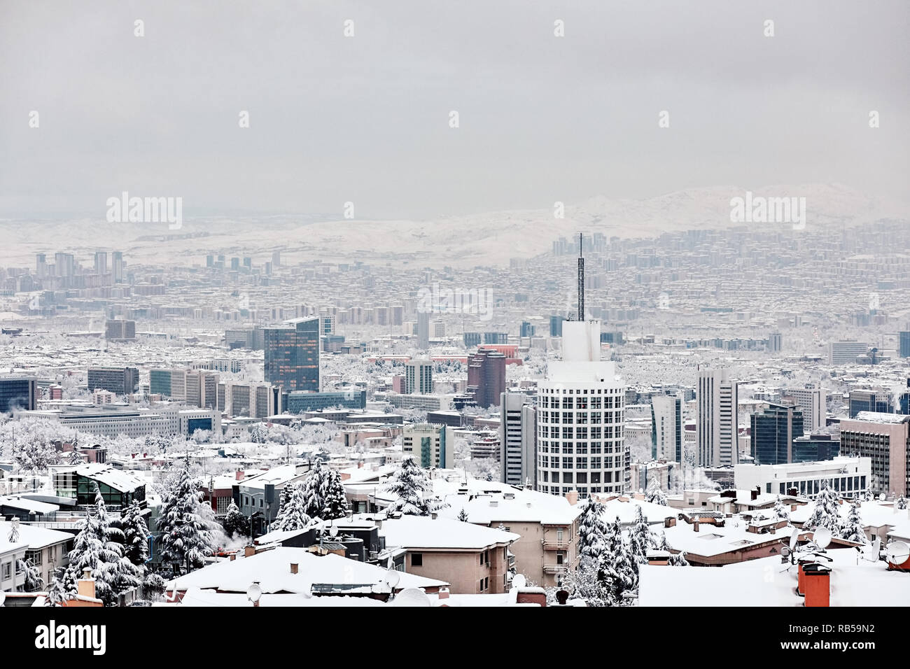 Panoramic view of Ankara the capital city of Turkey covered with snow in winter. Stock Photo
