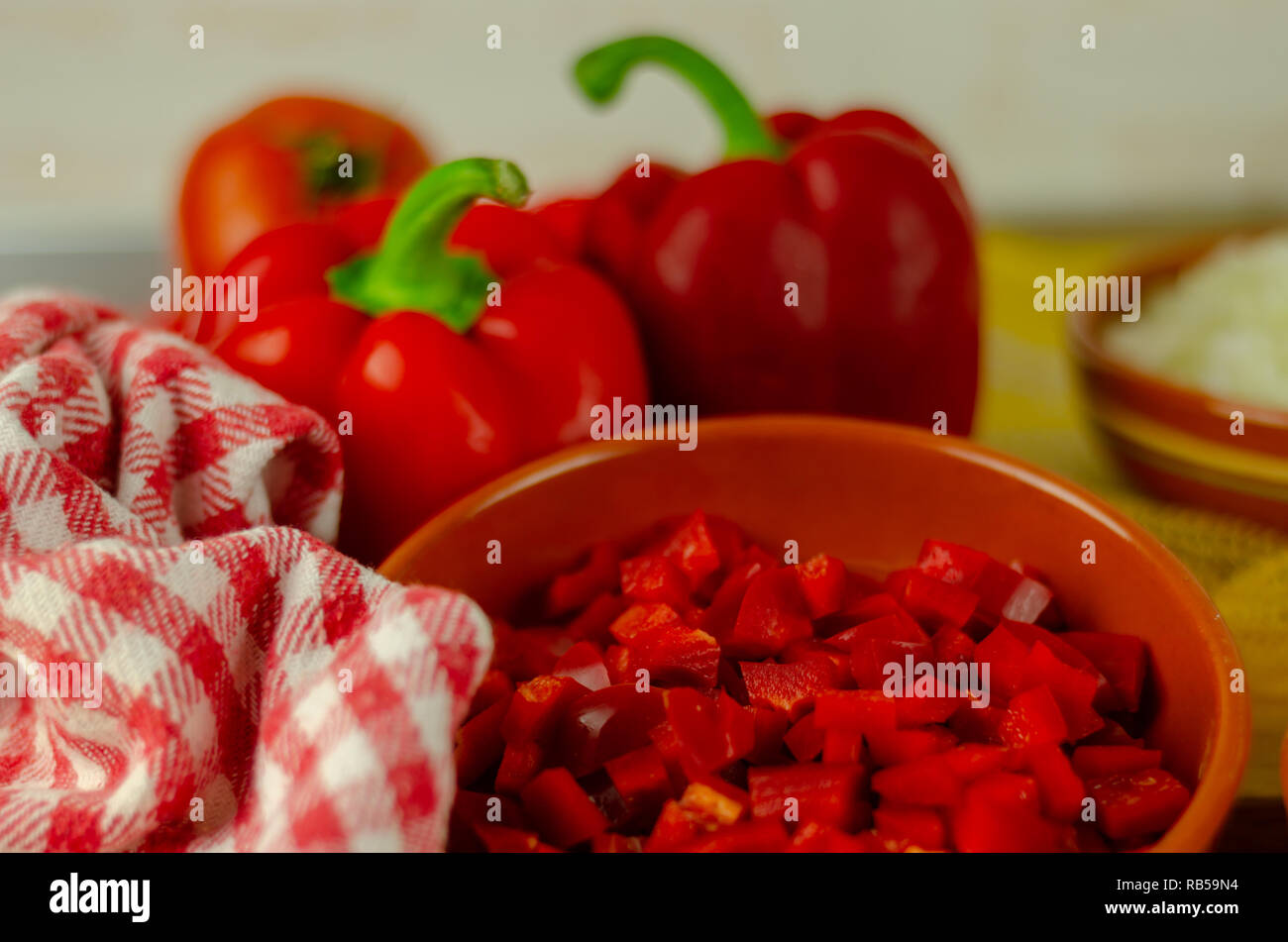 prepared fresh ingredients for cooking goulash with chorizo sausage