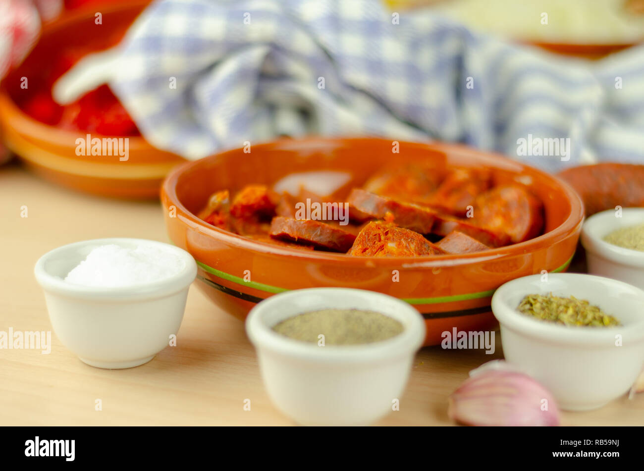 prepared fresh ingredients for cooking goulash with chorizo sausage