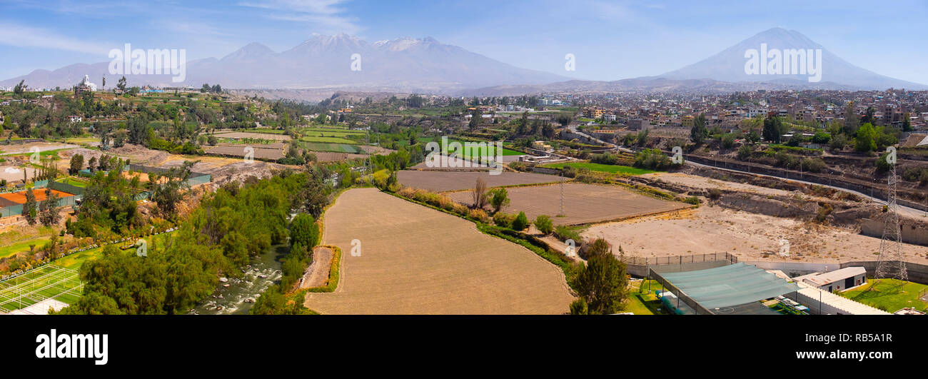 Panoramic view of volcanoes El Misti and Chachani in Arequipa, Peru Stock Photo