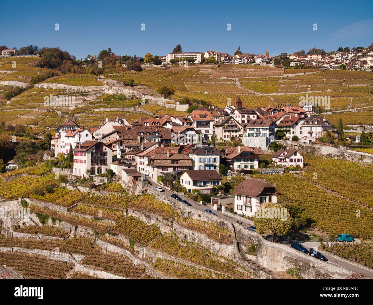 The Swiss winemaker village of Rivaz above Lake Geneva in the UNESCO world cultural heritage area of the Lavaux seen from the air in a drone photo Stock Photo