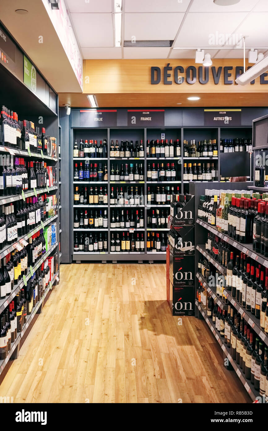 Montreal, Canada June, 2018 Wine bottles on the shelves in a wine