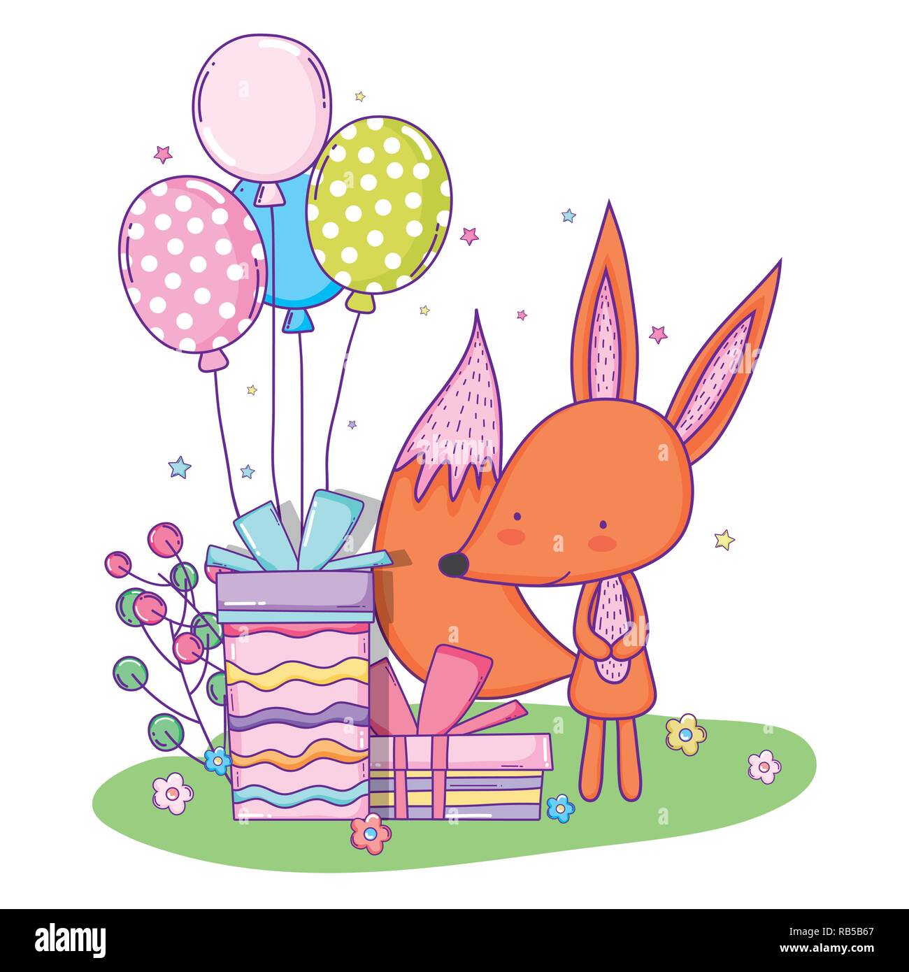 cute fox happy birthday with balloons and present gift Stock Vector ...