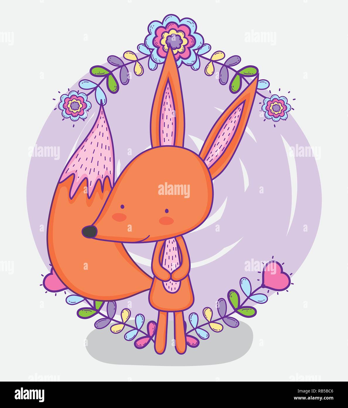 cute fox wild animal with flowers and branches leaves Stock Vector ...