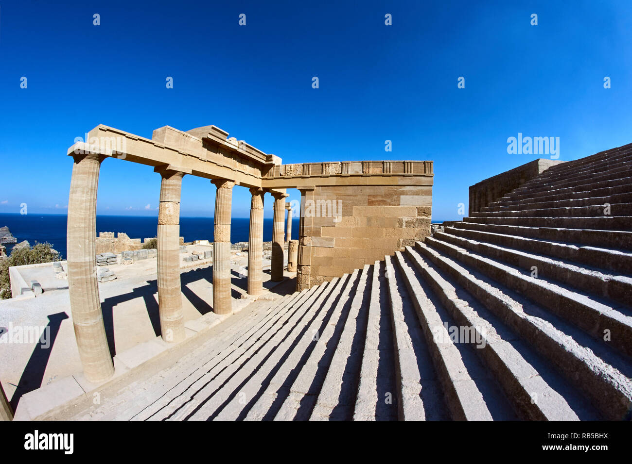 ruins of ancient buildings in the city of Lindos on Rhodes Island Stock ...