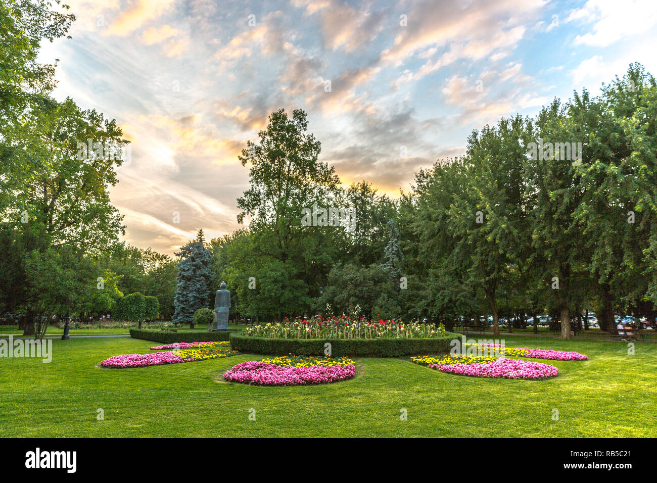 Amazing colorful garden with flowers in a public park in Brazov in