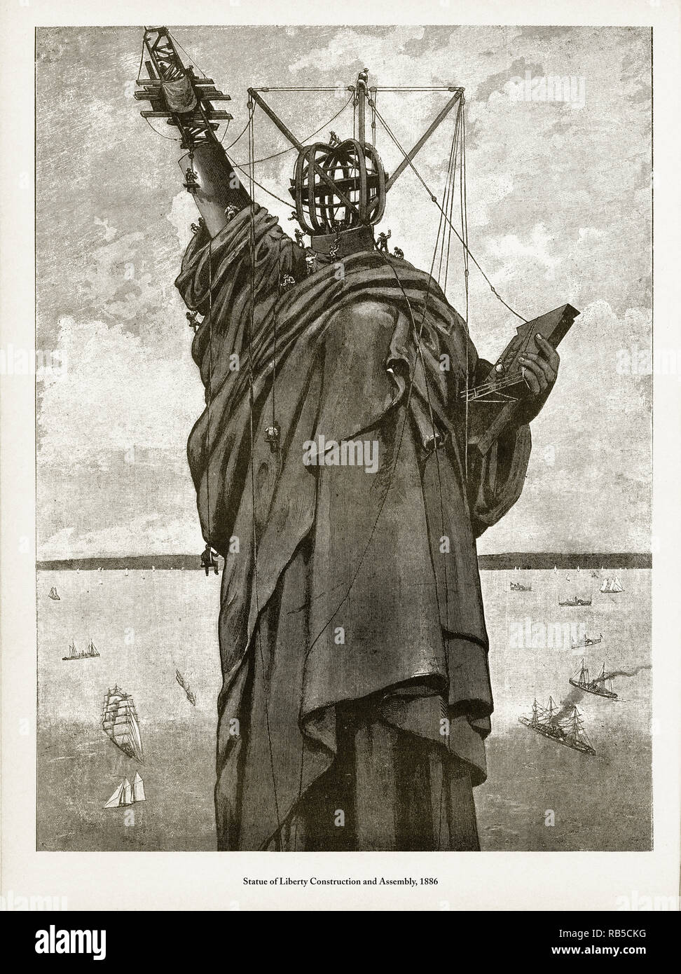 Statue of Liberty Construction and Assembly Victorian Engraving, 1886