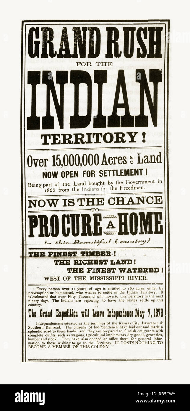 Oklahoma Land Rush Advertisement Engraving, 1879 Stock ...