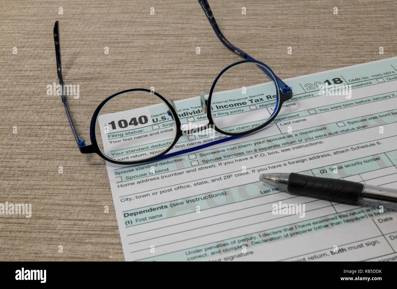 american tax  Form 1040 for 2018 allows for filing on April 15, tax day Stock Photo