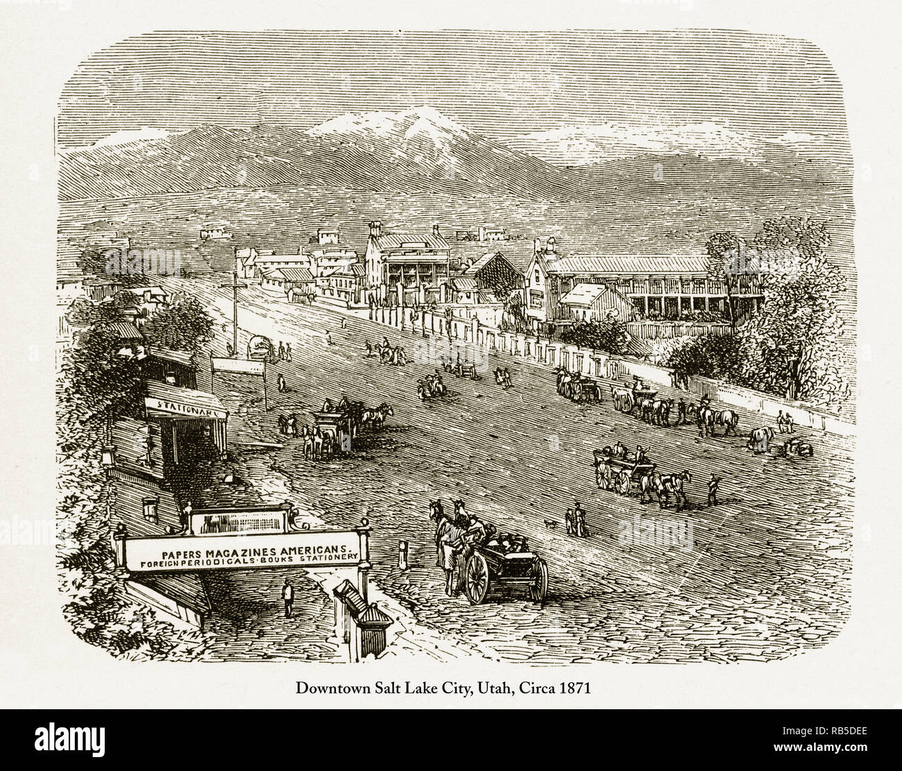 Downtown Salt Lake City, Utah Engraving, Circa 1872 Stock Photo