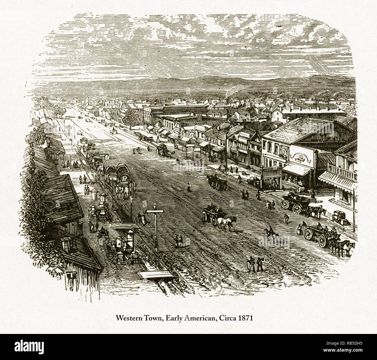Western Town, Early American Engraving, Circa 1871 Stock Photo
