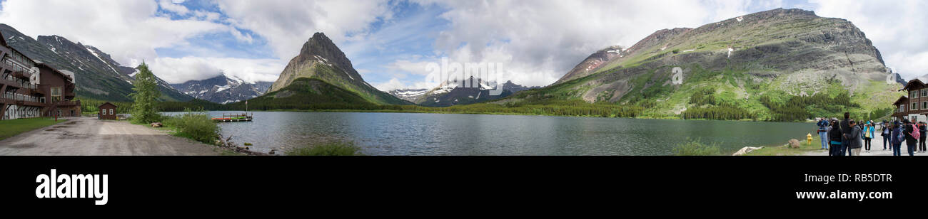 Many Glacier Panorama, Swift Current Lake Stock Photo