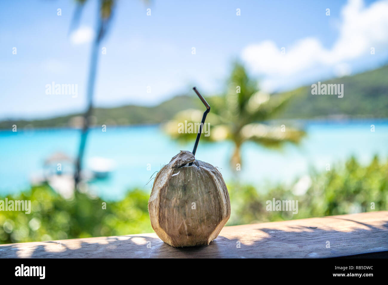 Coconut as a welcome drin on Sofitel Private Island of Bora Bora, Tahiti Stock Photo