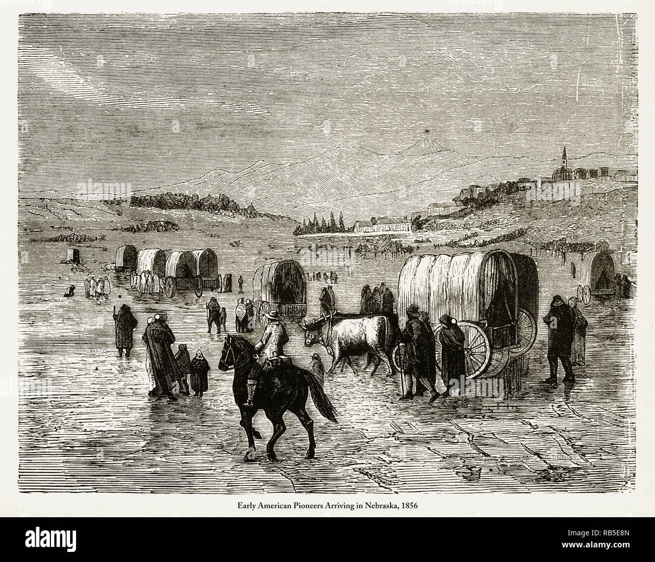 Pioneers Arriving in Nebraska, Early American Victorian Engraving, 1856 Stock Photo