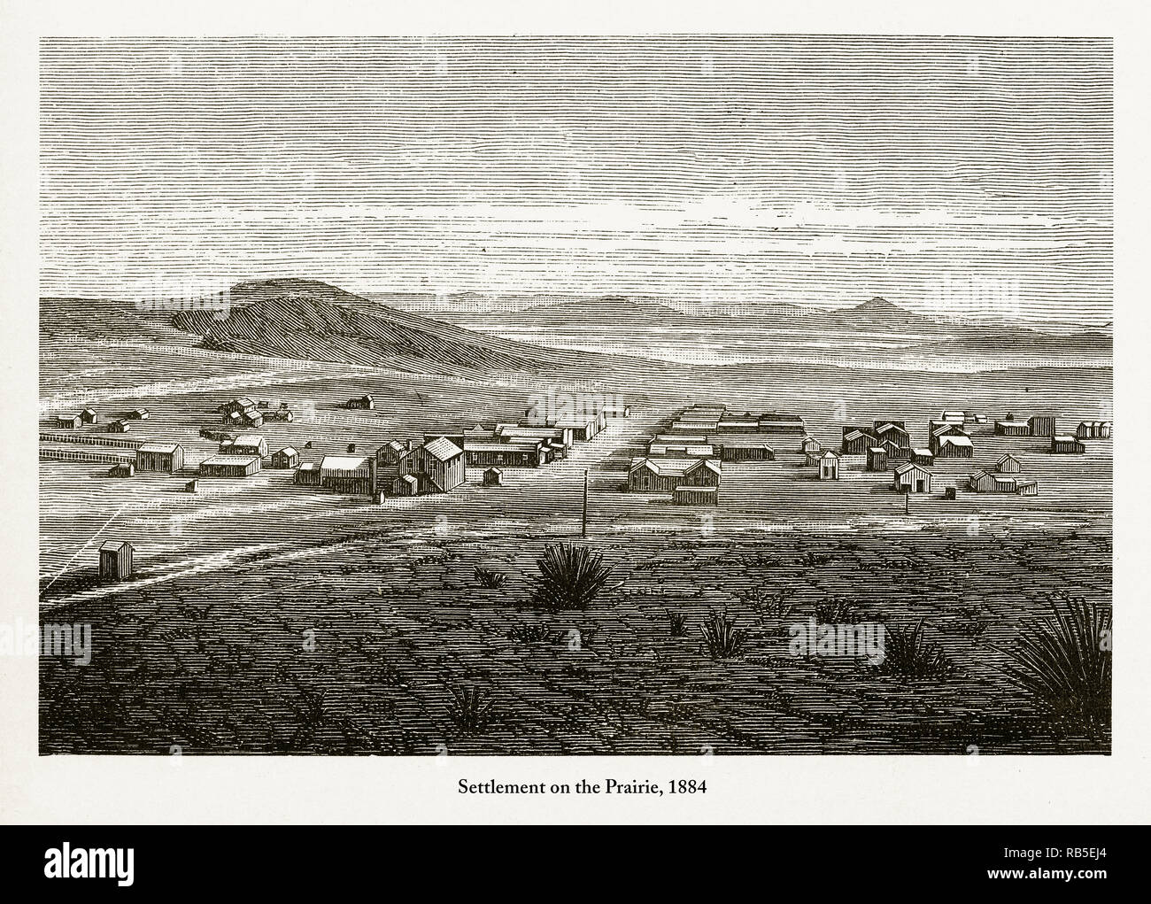 Settlement on the Prairie, Early American Engraving, 1884 Stock Photo